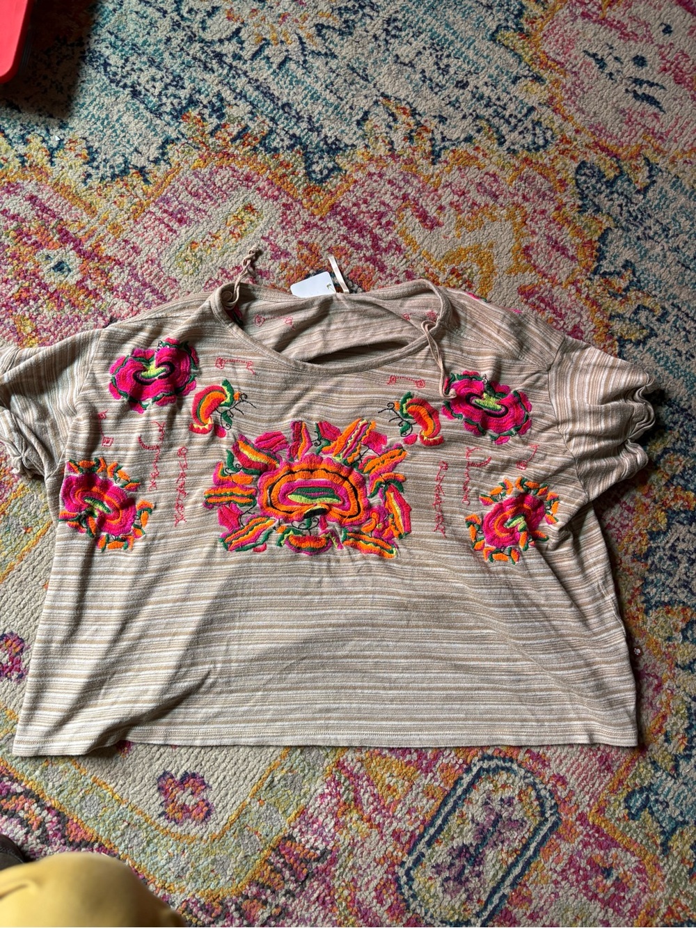 Free People Embroidered Striped Short Sleeve Crop Top Beige Pink Flower Small